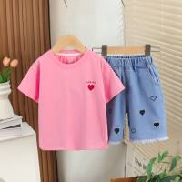 Boys summer suits 2024 new style children's love short-sleeved baby clothes summer trendy two-piece suits  Pink