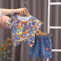 Trajes de verano de manga corta con estampado para niños, traje elegante e informal de dos piezas para bebés, novedad de 2024  Azul
