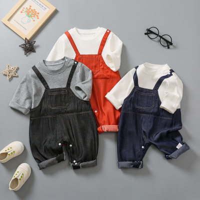 Internet celebrity baby fake two-piece jumpsuit, super fashionable baby carrier, long-sleeved closed crotch, fake denim romper for children