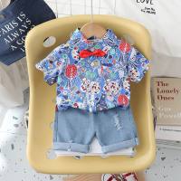 2024 summer new style boy bow tie flower shirt short-sleeved suit baby boy casual denim shorts two-piece suit trendy  Blue