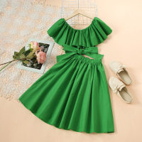 Kid Girl Solid Color Ruffle Blouse & Skirt  Green