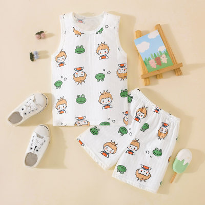 2-piece Toddler Boy Pure Cotton Allover Cartoon Figure Pattern Vest & Matching Shorts