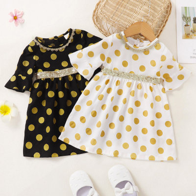 hibobi Baby Girl Gold Polka Dot Fabric Patchwork Sequin Webbing Dress