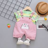 Children's suits boys and girls cartoon overalls two-piece suits summer fashion baby T-shirts  Pink