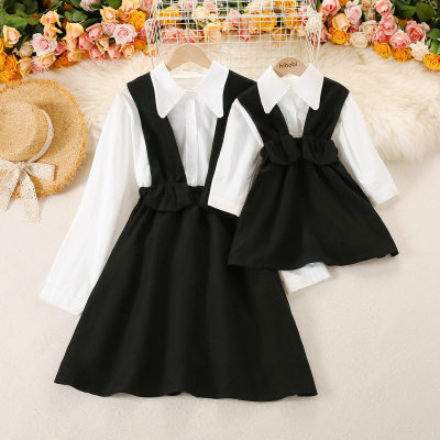 Mom and Me Solid Color Lapel Long Sleeve Shirt & Bowknot Decor Suspender Dress