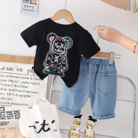 Wholesale children's clothing for boys aged 0-5 years old, small and medium-sized children's summer clothes, new short-sleeved children's cartoon round neck T-shirts and denim suits  Black