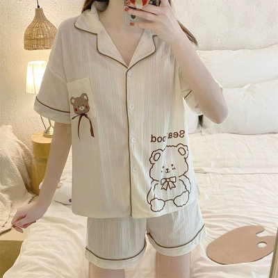 Pastoral style pajamas for women, short sleeves, soft girls, loose square collar, apricot bear lace bow, sweet home clothes