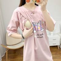 Nursing clothes for going out, hot mom summer dress, fashionable short-sleeved T-shirt top, outer wear, breastfeeding clothes, summer pajamas  Pink