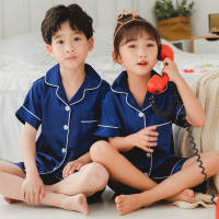 Pyjama à manches courtes pour enfants, imitation soie, vêtements de maison pour enfants, costume, vêtements climatisés, cardigan fin d'été  Bleu marin