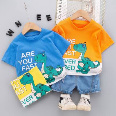 Children's clothing children's suit boys and girls toddler dinosaur letter print short-sleeved denim shorts toddler summer color matching two-piece suit