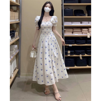 Square collar floral design mid-length dress for women with slim waist