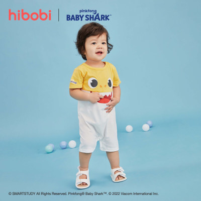 hibobi×BabyShark Bebê Menino Macacão de algodão manga curta com estampa de desenho animado