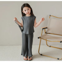 Summer new baby girl ice silk suit baby girl summer loose sleeveless vest top trousers two-piece set  Deep Gray