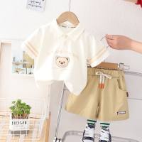 Retro bear print POLO shirt boy's suit solid color top and shorts two-piece suit all-match children's suit  White