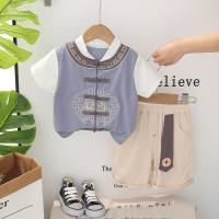 Boys summer shirt suit 2024 new ancient style boy baby summer children Chinese style short-sleeved suit trendy  Gray