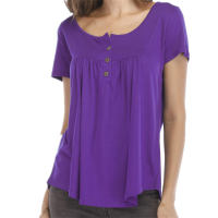 Women's smocked buttoned loose short-sleeved T-shirt top  Purple