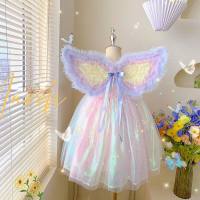 Vestido de verano para niñas, nuevo estilo infantil, alas de mariposa arcoíris, vestido de princesa, vestido de cumpleaños, verano 2024  Rosado