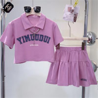 Girls summer suits girls short-sleeved polo shirt children's pants skirt fashionable two-piece suit trendy  Purple
