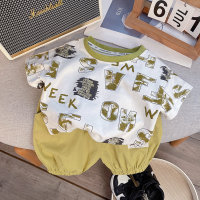 Boys' loose printed T-shirts, children's clothing, summer new children's casual short-sleeved shorts suits wholesale  Yellow