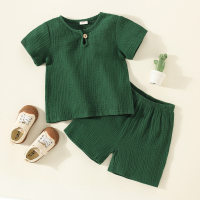 Toddler Boy Cotton Linen Solid Top & Shorts  Deep Green