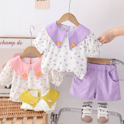 New summer girls floral lapel short-sleeved suit baby girl casual shorts two-piece suit