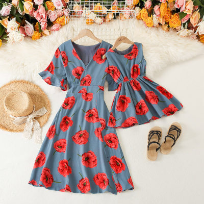Sweet Floral Print Short Sleeve Dress for Mom and Me