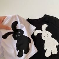 Korean style children's cute printed short-sleeved T-shirts for boys and girls baby bunny round neck tops summer wear  Black
