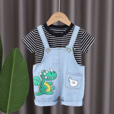 New style boy's round neck striped casual short-sleeved denim dinosaur overalls summer solid color baby outdoor suit