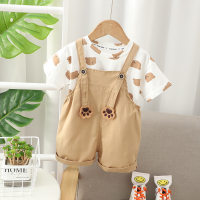 Boys overalls suit 2024 new baby summer short-sleeved fashionable baby summer cartoon two-piece set trendy  White