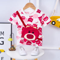 Infant cotton T-shirt short-sleeved new style cartoon super cute boys and girls three-dimensional real bag children's clothes  Red