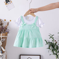 Summer Korean style infant girls' clothing princess solid color cotton short-sleeved dress children's skirt  Green