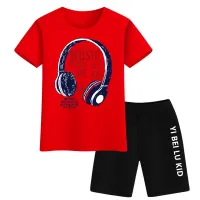 ملابس أطفال للأولاد شورت بأكمام قصيرة تناسب الأطفال المتوسطين والكبار بدلات رياضية مكونة من قطعتين  أحمر