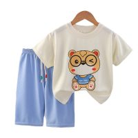 Children's summer waffle short-sleeved cropped pants suit baby half-sleeved summer clothes half-length pants two-piece suit  Light Blue