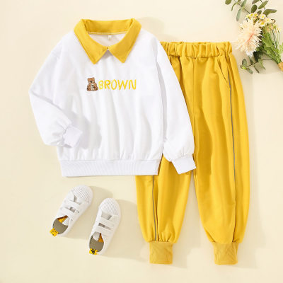 2-piece Kid Girl 100% Cotton Color-block Letter and Bear Printed Long Sleeve Polo Shirt & Solid Color Pants