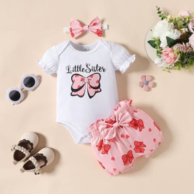 Baby Girls Letter Printed Romper with Bow Printed Shorts Three-piece Set