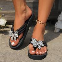 Amazon large size slope fashion outdoor slippers 204 summer new European and American rhinestone butterfly women's heel ladies sandals  Black