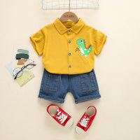 Camisa de manga curta e short jeans com estampa de dinossauro infantil de 2 peças  Amarelo