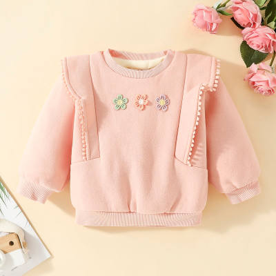 Toddler Girl Solid Ruffle Floral Embroidered Fleece-lined Sweatshirt