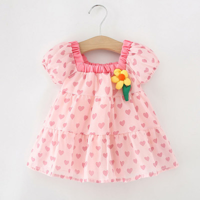 Baby Girl Heart-shaped Pattern Floral Applique Puff Short Sleeve Dress