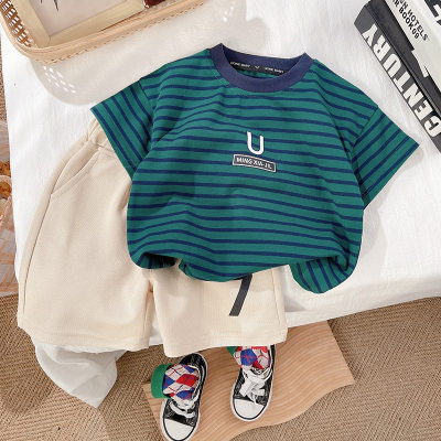 Boys casual T-shirt new children's summer clothes boys handsome half-sleeved clothes boys baby striped short-sleeved shorts