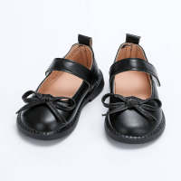 Zapatos de cuero con velcro y decoración de lazo de color liso para niña pequeña  Negro