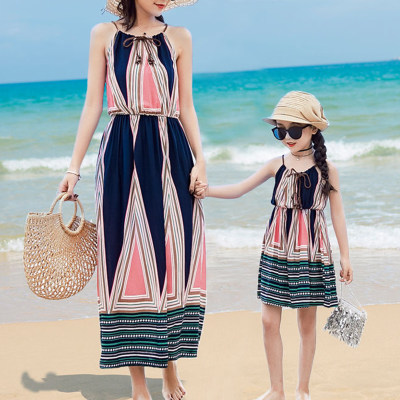 Casual Bohemian Pattern Print Long Dress for Mom and Me