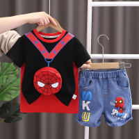 Children's summer clothes, boys' Spider-Man zipper bag, short-sleeved suit, handsome baby casual two-piece set wholesale  Black