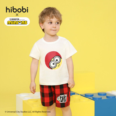 Minions × hibobi Boy Baby Traje de pantalón a cuadros rojo y negro estampado