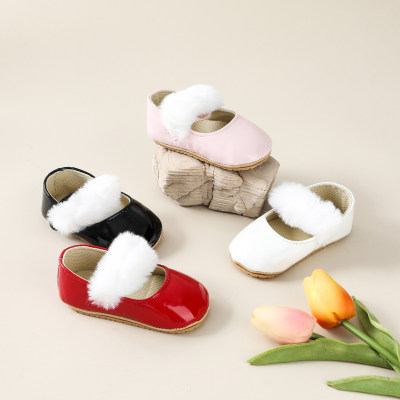 Chaussures velcro patchwork en peluche de couleur unie pour bébé