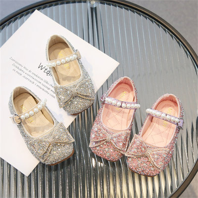 Children's princess style rhinestone bow leather shoes