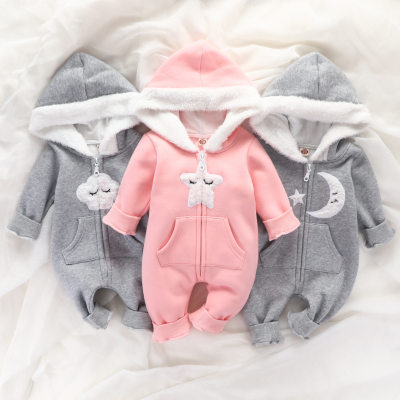 Baby Cute Furry Star Moon Printed Hooded Jumpsuit
