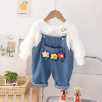 Infant girls puff sleeve mesh lapel long-sleeved top autumn baby denim overalls children's two-piece set  White