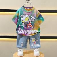 Moda verão novos meninos Ultraman camiseta jeans terno  Roxa