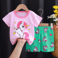 Summer children's short-sleeved shorts suit pure cotton t-shirt baby girl thin children's clothing  Green